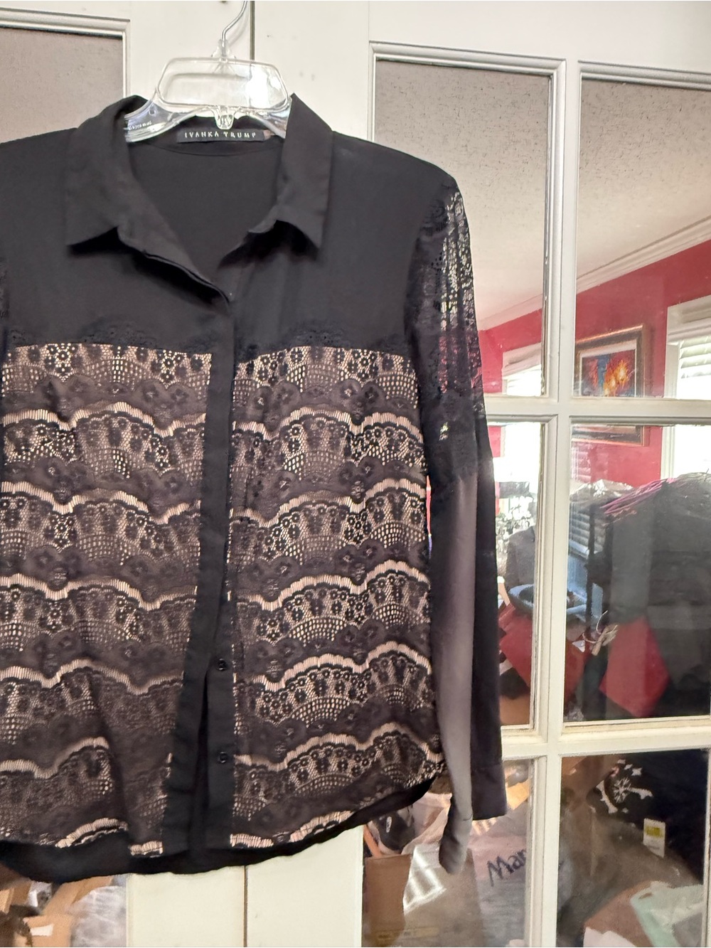 Ivanka Trump Black Lace Button-Front Shirt with Nude Underlay